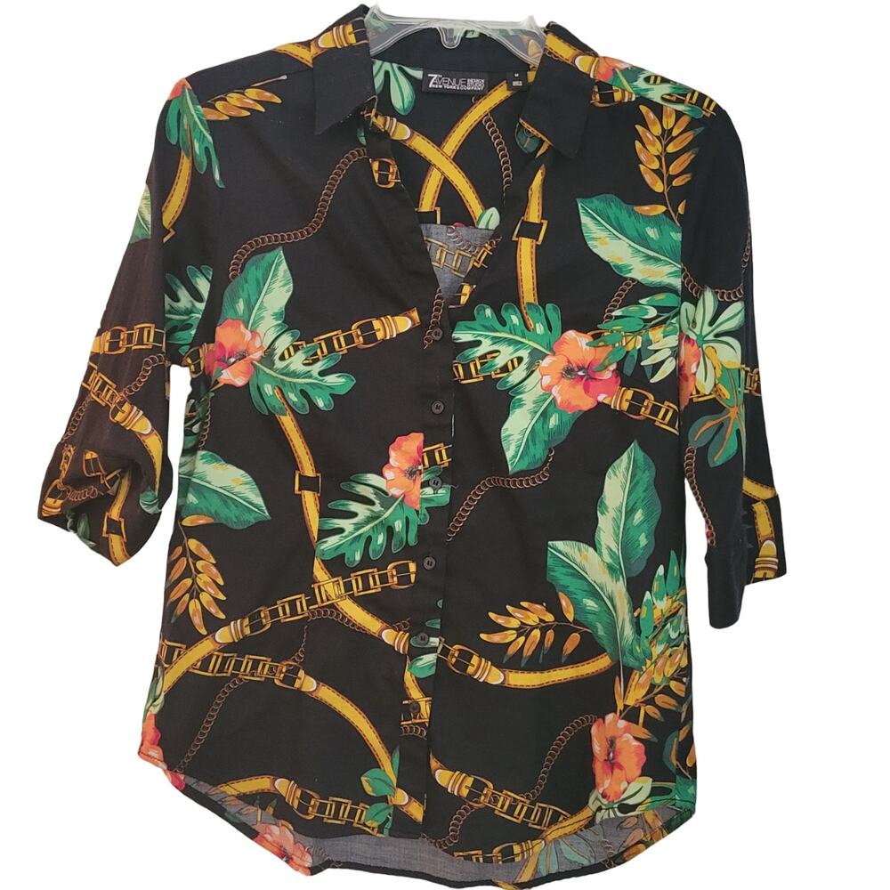 7th Avenue Design Studio Woman's Black‎ Floral Cotton Blend Blouse Size Med